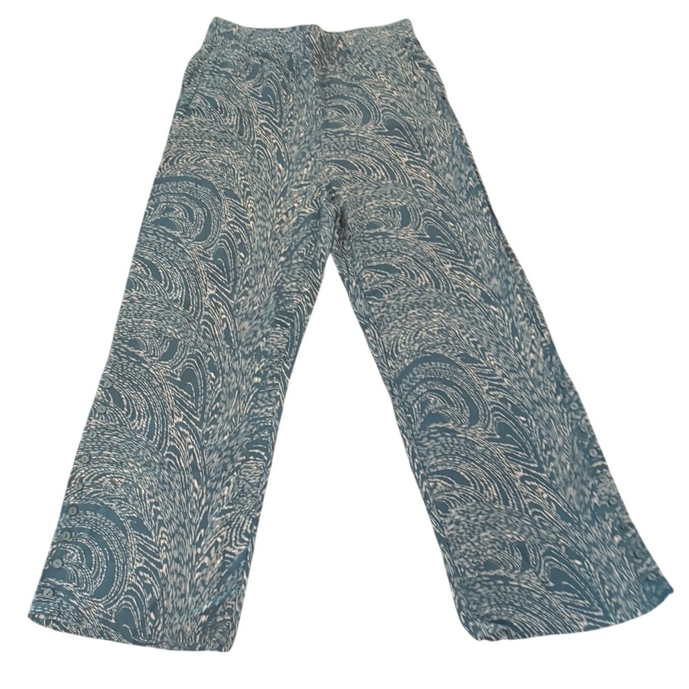 Soft Surroundings Women's Swirl Print Pants Size Large Teal Crinkle Texture